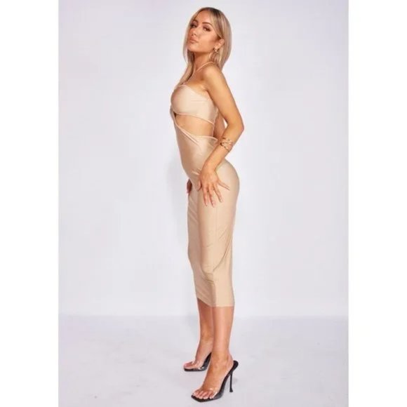 Nude Sleeveless Halter Neck Cutout Open Back Bodycon Midi Dress - Picture 9 of 15